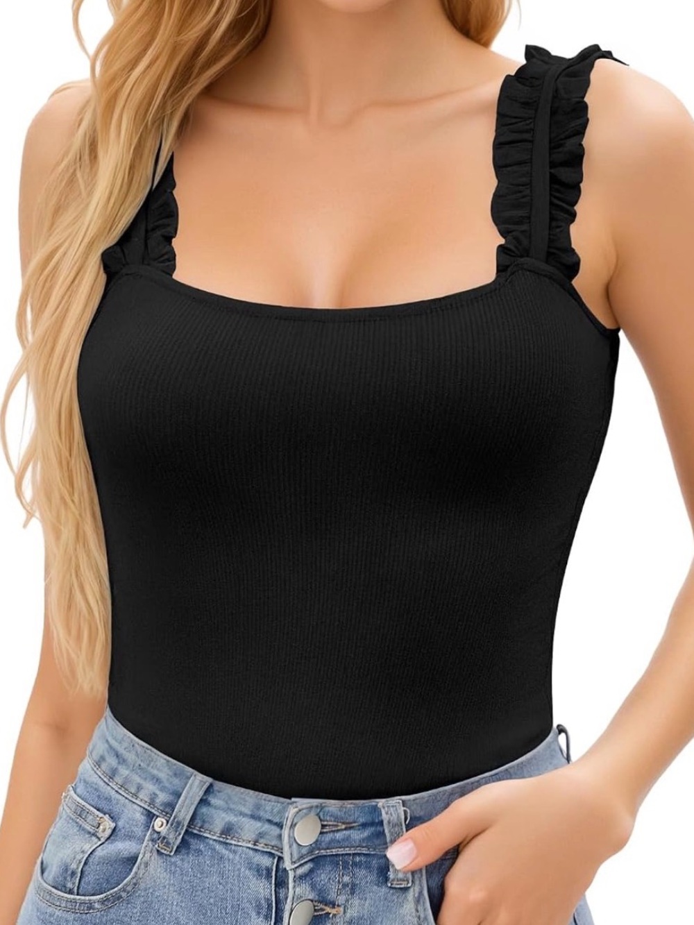 bohme Brand Square Neck Ruffle Strap Ribbed Knit Black Tank Top Sz. XL